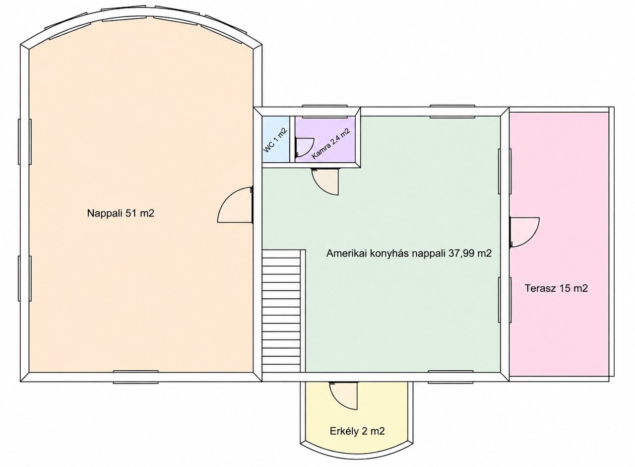 Alaprajz - felső szint: nappali 51 m², amerikai konyhás nappali 37,99 m², terasz, erkély, kamra és WC