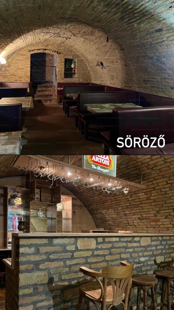 Boltíves téglapince söröző bárpulttal és párnázott ülőpadokkal