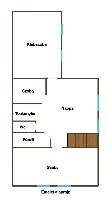 Emeleti alaprajz: klubszoba, két szoba, teakonyha, nappali (társalgó), fürdőszoba, WC