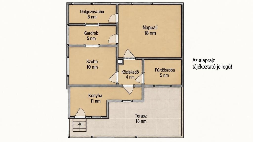 A budafoki családi ház alaprajza: nappali 18 m², szoba 10 m², konyha 11 m², dolgozószoba 5 m², gardrób 5 m², fürdőszoba 5 m², közlekedő 4 m², terasz 18 m²