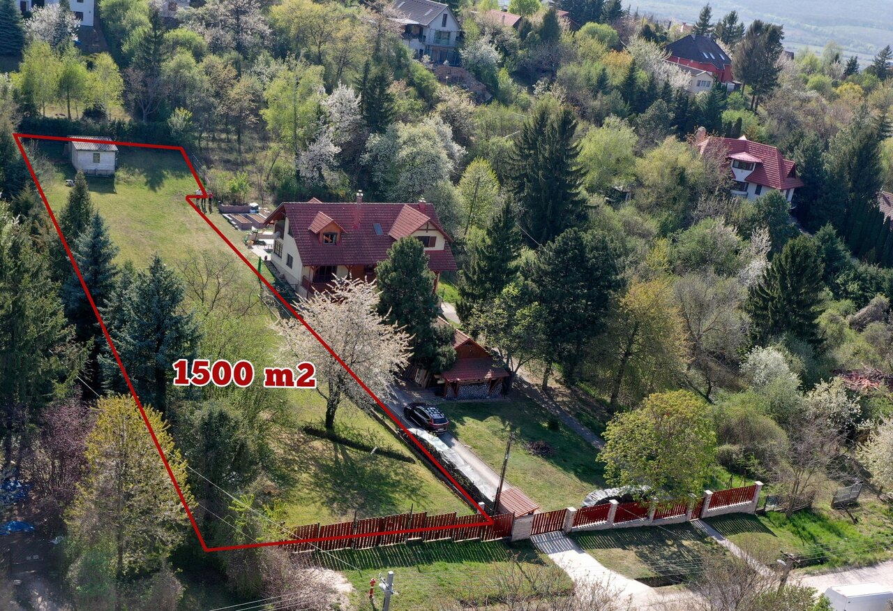 Légifotó a budakeszi építési telekről: a telek határa pirossal jelölve, egyik oldalán erdős rész, másik oldalán rendezett családi ház
