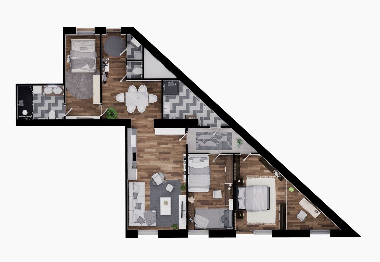 A 104 m²-es lakás berendezett alaprajza