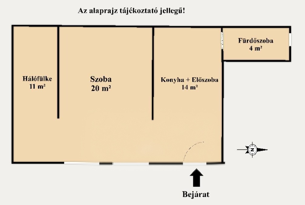 A lakás alaprajza: hálófülke 11 m², szoba 20 m², konyha + előszoba 14 m², fürdőszoba 4 m²
