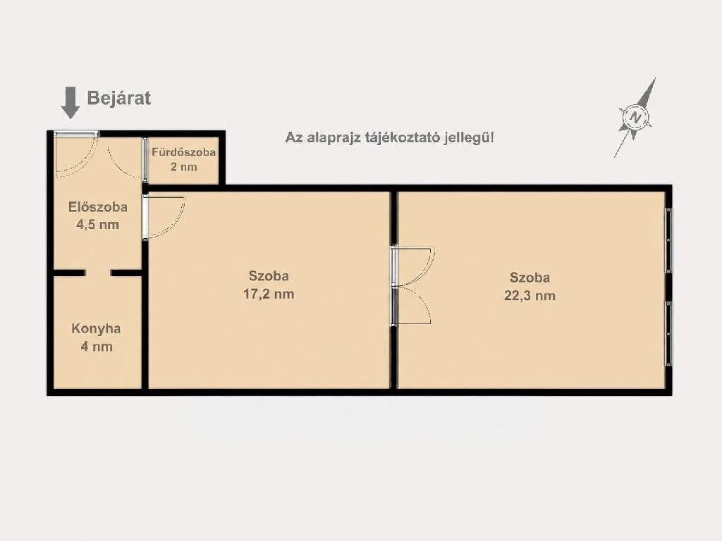 A VIII. kerületi eladó lakás alaprajza: előszoba, konyha, fürdőszoba és két egymásból nyíló szoba