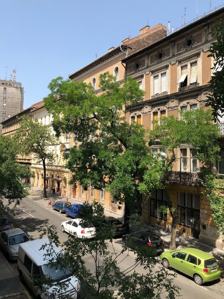 Fás józsefvárosi utcakép klasszikus, díszes homlokzatú bérházakkal