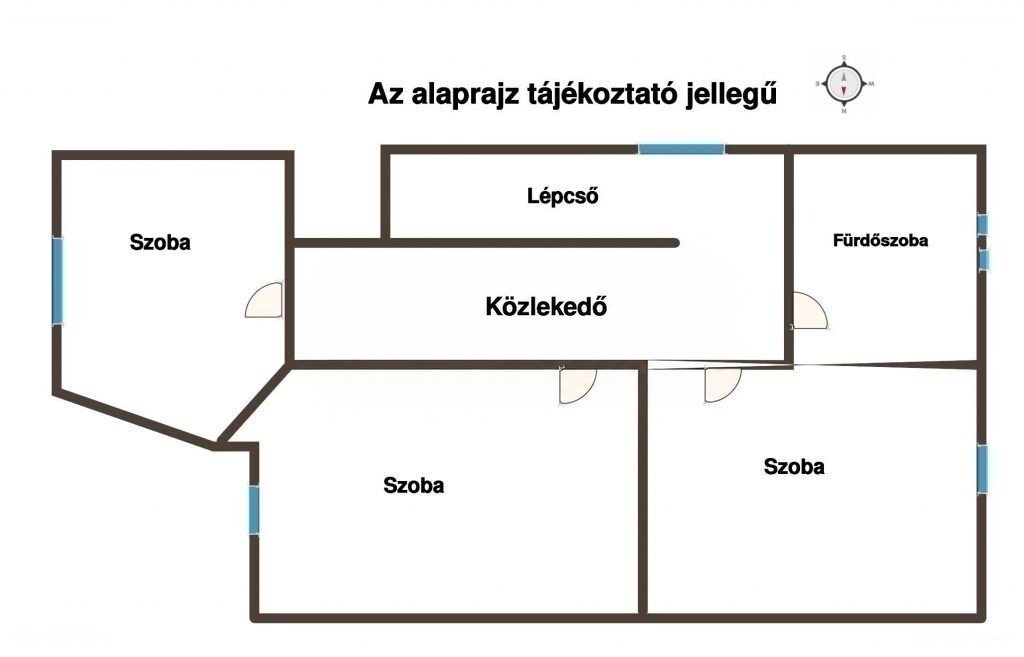 Tájékoztató alaprajz az emeleti szintről: szobák, fürdőszoba, közlekedő és lépcső