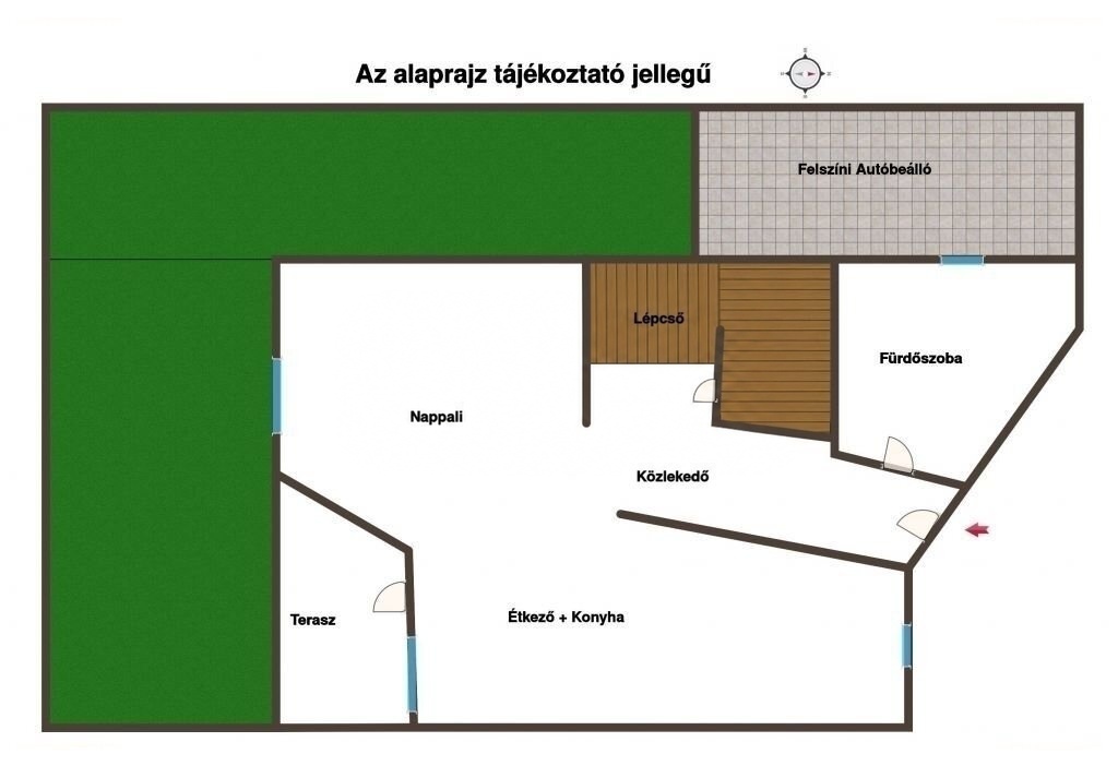 Tájékoztató alaprajz: nappali, étkező és konyha, fürdőszoba, terasz, autóbeálló