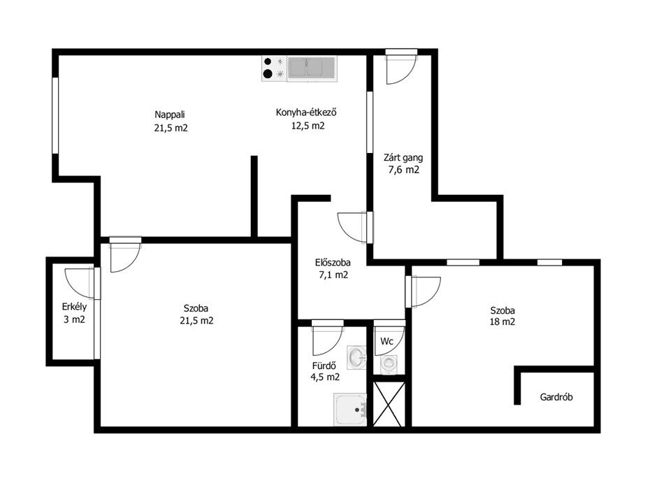 Alaprajz - 87 m², 3 szoba, konyha, fürdő