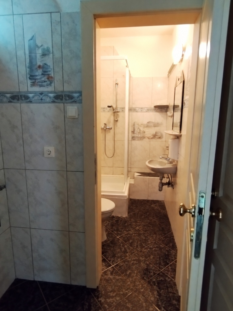Zuhanyzós fürdőszoba WC-vel és mosdóval