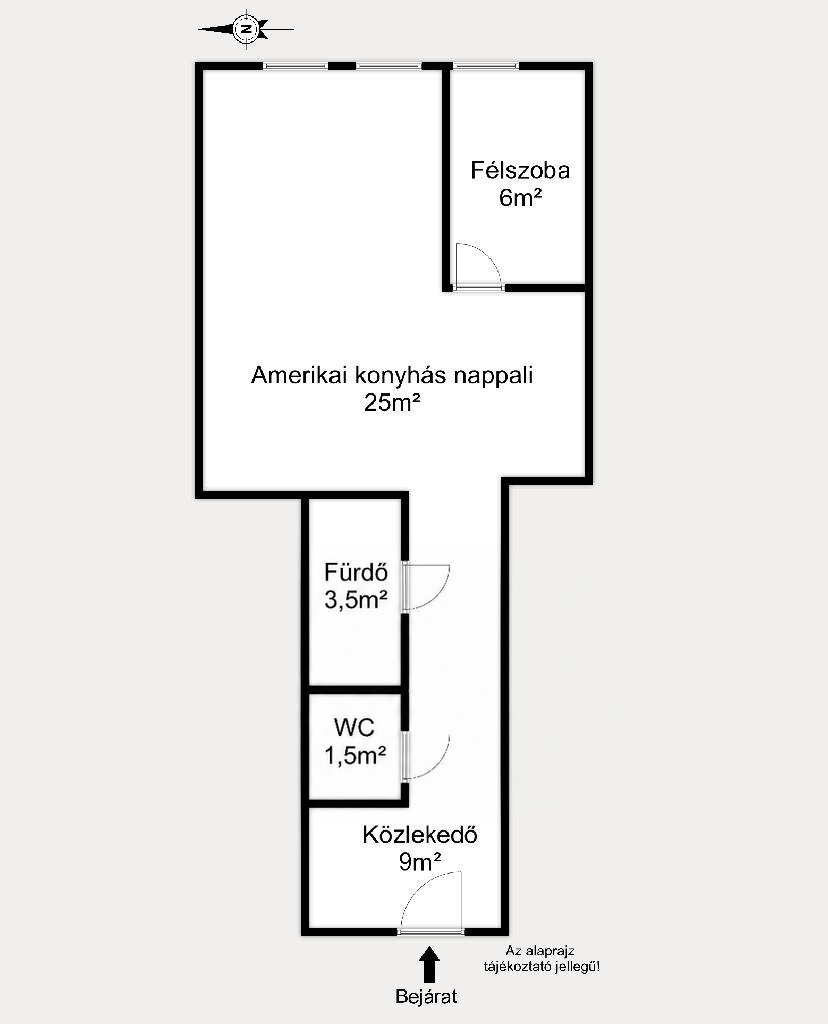 A 45 m²-es lakás alaprajza: közlekedő, WC, fürdő, amerikai konyhás nappali és félszoba
