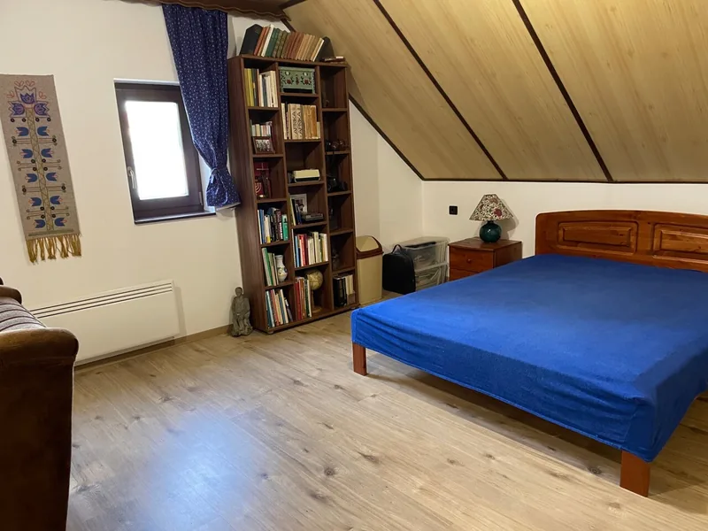 Kék ágytakarós franciaágy, könyvespolc és két ablak a faburkolatú tetősík alatt.