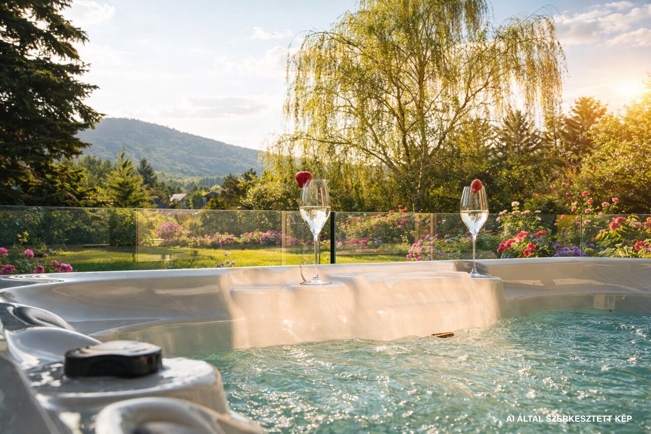 Jakuzzi a panorámás teraszon, hegyi kilátással