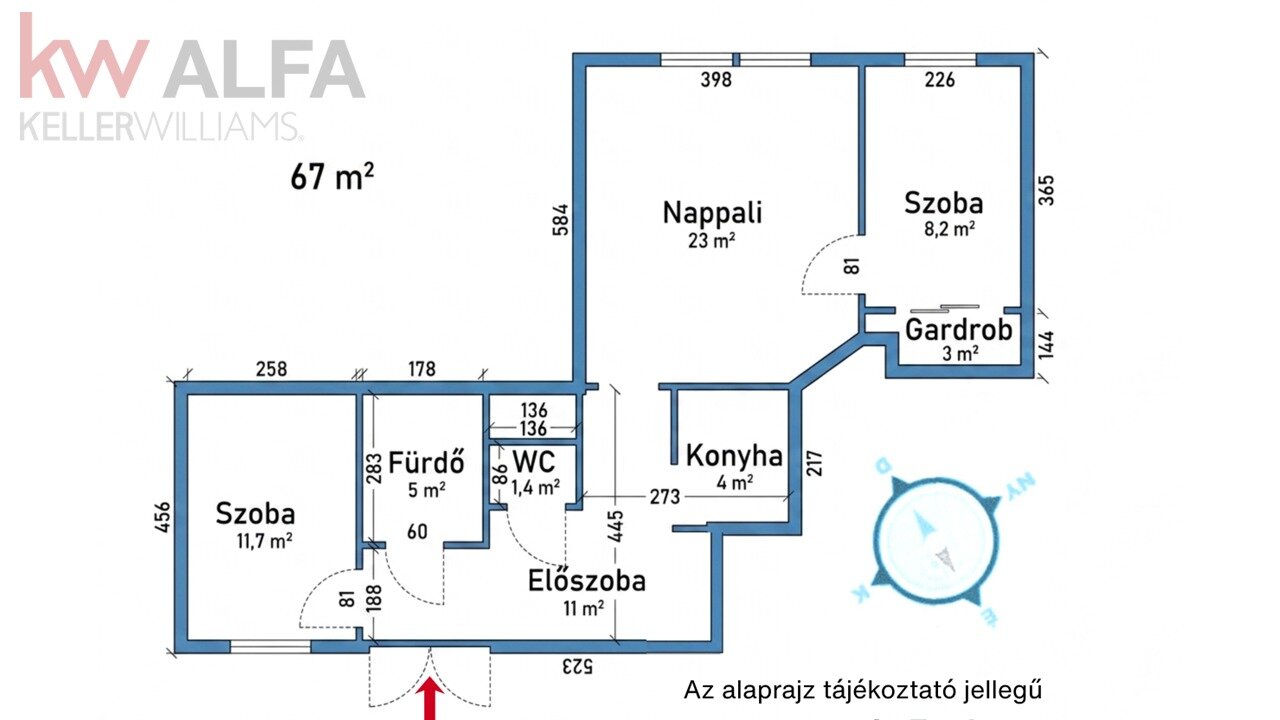 Lakás alaprajza - 67 m², 3 szoba, gardrób, konyha, fürdő, WC, előszoba