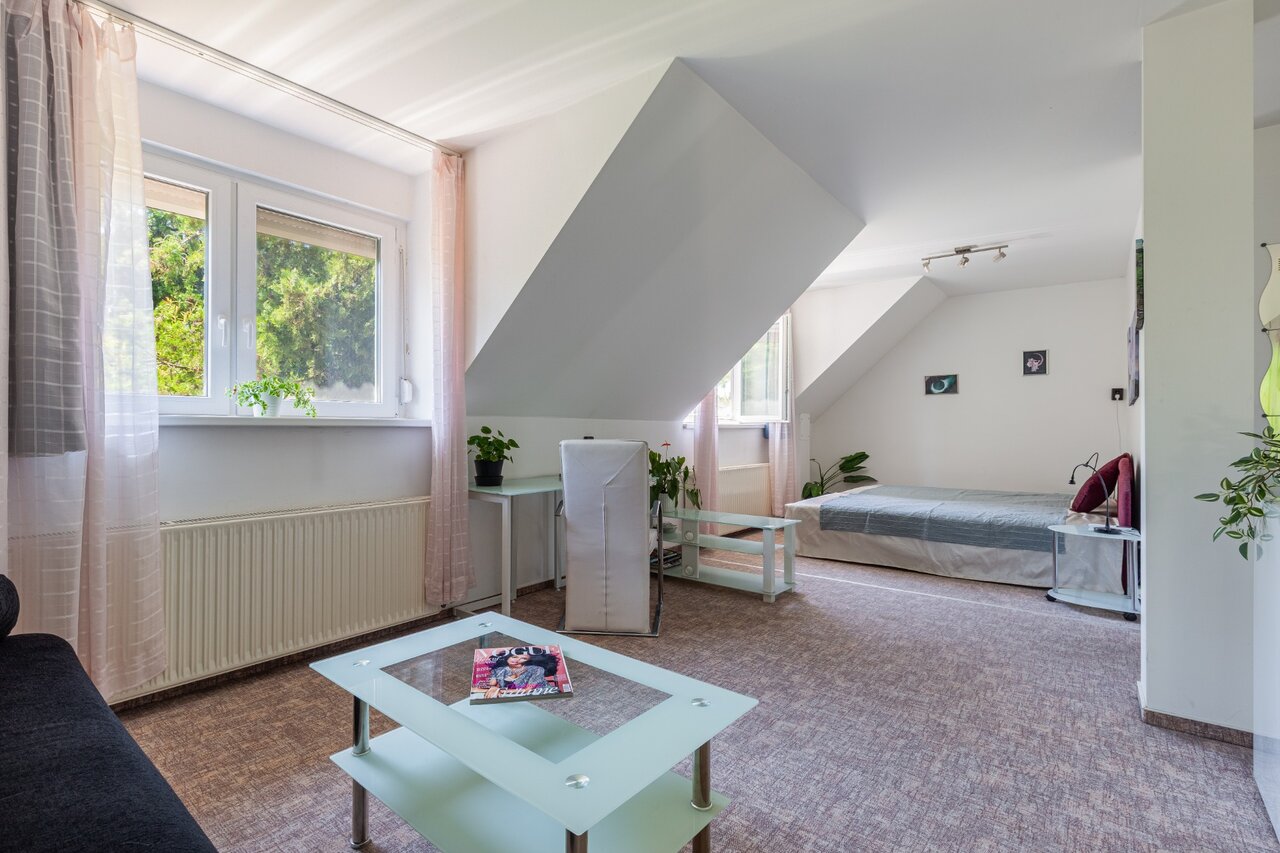 Tetőtéri nappali modern berendezéssel