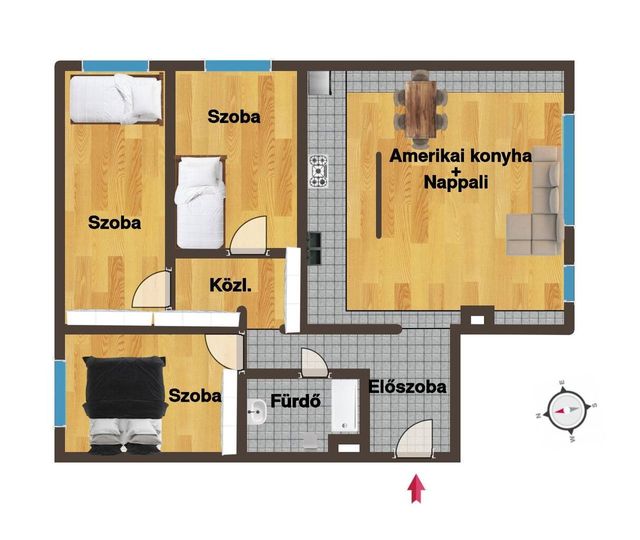 A 73 m²-es, 4 szobás lakás alaprajza: amerikai konyhás nappali, három szoba, közlekedő, fürdőszoba és előszoba