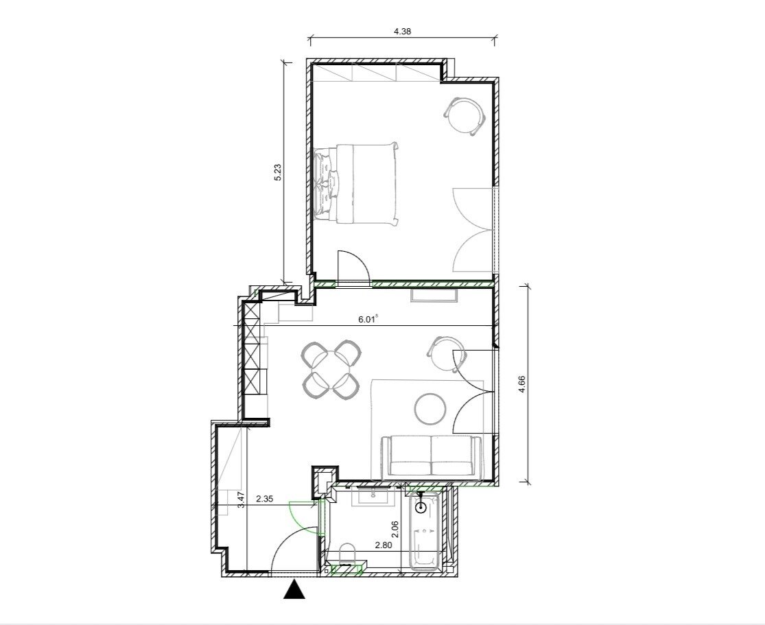 A 58 m²-es lakás alaprajza: hálószoba, amerikai konyhás nappali-étkező, előszoba és fürdőszoba