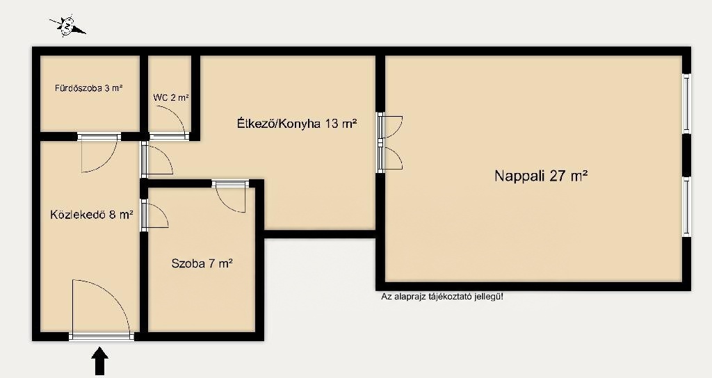 A 60 m²-es lakás alaprajza: nappali 27 m², étkező-konyha 13 m², közlekedő 8 m², szoba 7 m², fürdőszoba 3 m², WC 2 m²