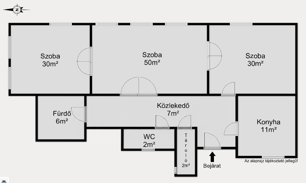 A 138 m²-es lakás alaprajza: három szoba, konyha, fürdőszoba, WC, közlekedő és tároló