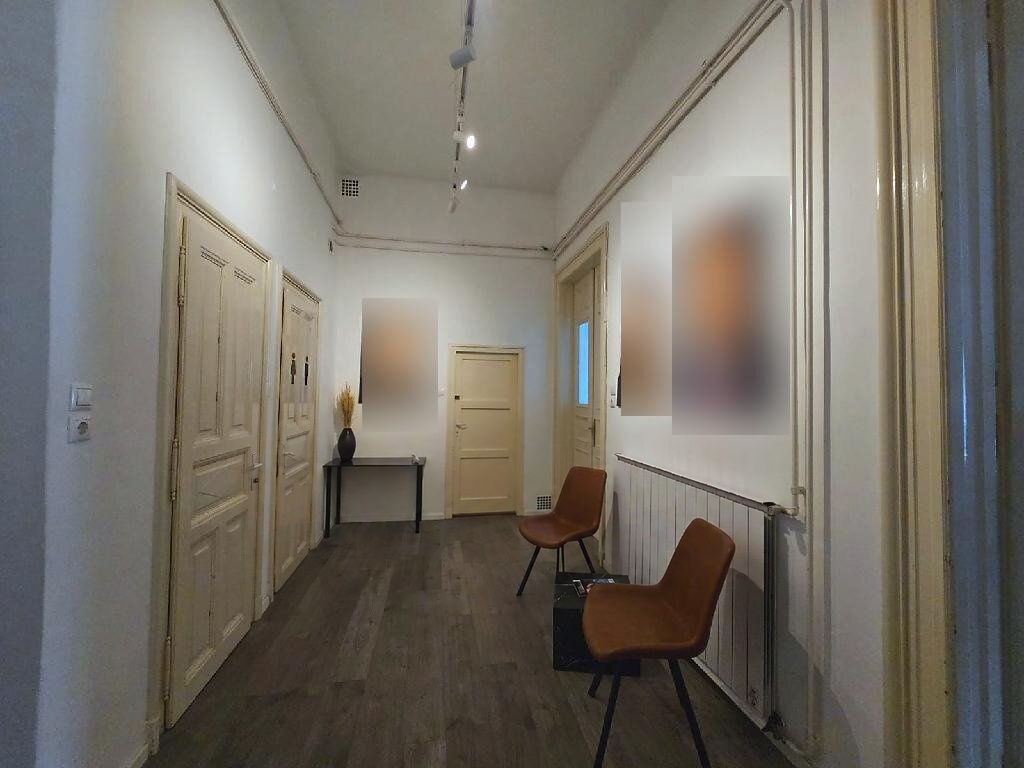 Világos előszoba sínvilágítással és több szobába nyíló ajtóval