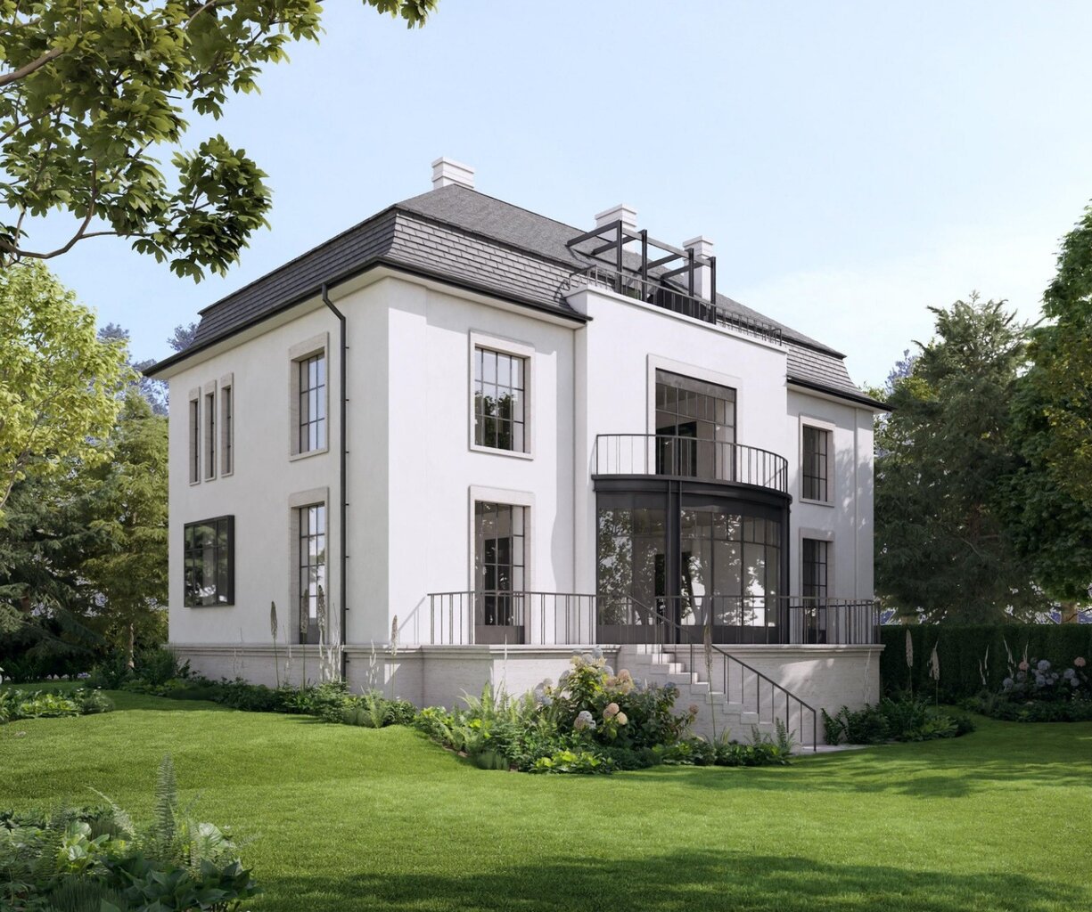 Villa nagy üvegfelületekkel és terasszal, gondozott kerttel